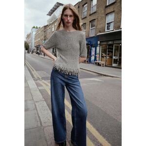 Zara Fringed Knit Short Sleeve Sweater Brown Ecru Size S NWT